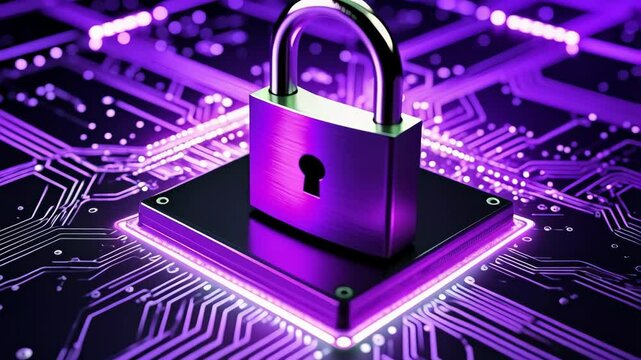 Security padlock on a computer chip with circuits illuminated in purple light, emphasizing cyber security and data protection concepts.