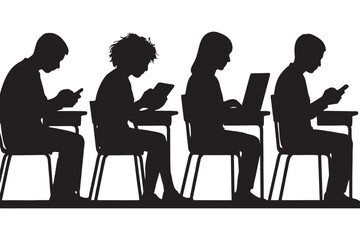 silhouettes of students using smartphones and laptops in classroom setting