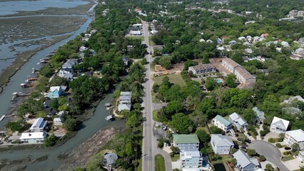 Murrells Inlet, South Carolina low country living by tidal marsh land is known for fresh seafood restaurants and family vacation destination in summer