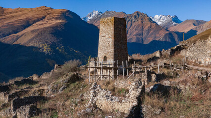 medieval tower in the Caucasus Mountains. medieval city
