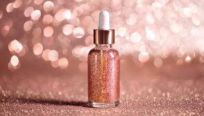 rose gold glitter serum bottle on sparkling background