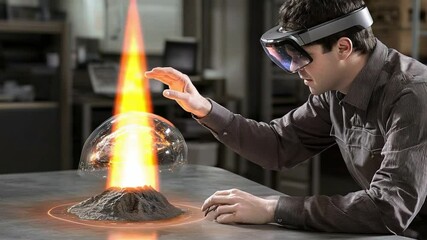 Futuristic Technology Demonstration with Man Interacting with Virtual Volcano in Augmented Reality Setting