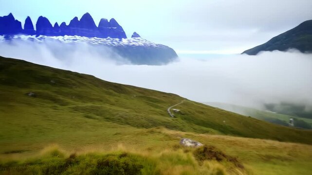Red and black plaid flannel shirt hanging with mountain landscape in distance on a cloudy overcast day, travel destination concept, outdoors