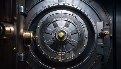 a close up of a large heavy metal vault door with multiple locks the door is closed and the background is dark the image conveys a sense of security and secrecy