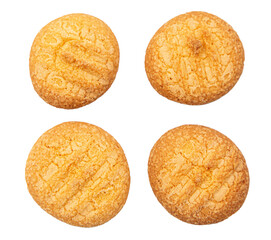 Four corn cookies arranged on white background representing snack and indulgence