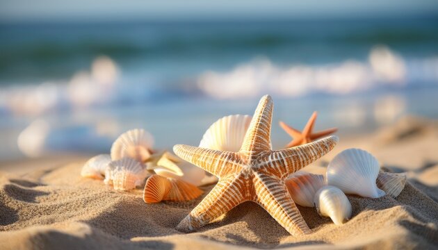 starfish and seashell treasures adorn the sandy beach evoking memories of seaside adventures