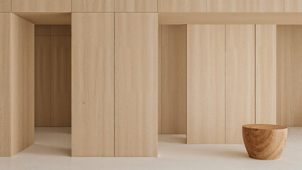 Minimalist Modern Interior Design with Light Wood Paneling and Wooden Stool