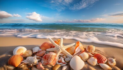 a serene beach scene showcasing assorted seashells and starfish washed gently ashore by the ocean waves