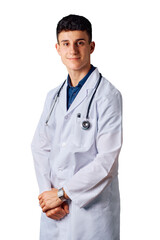 A young male doctor stands confidently wearing a white coat and stethoscope, showcasing professionalism. He poses with arms crossed in a clear, bright setting.