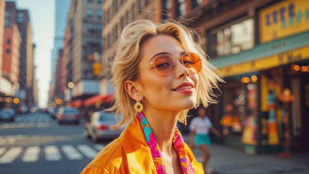 A beautiful woman in sunglasses smiles while walking in a vibrant city, enjoying the sunny day.