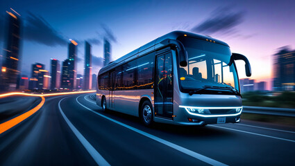 A futuristic silver bus speeding along a highway in a modern cityscape at dusk.