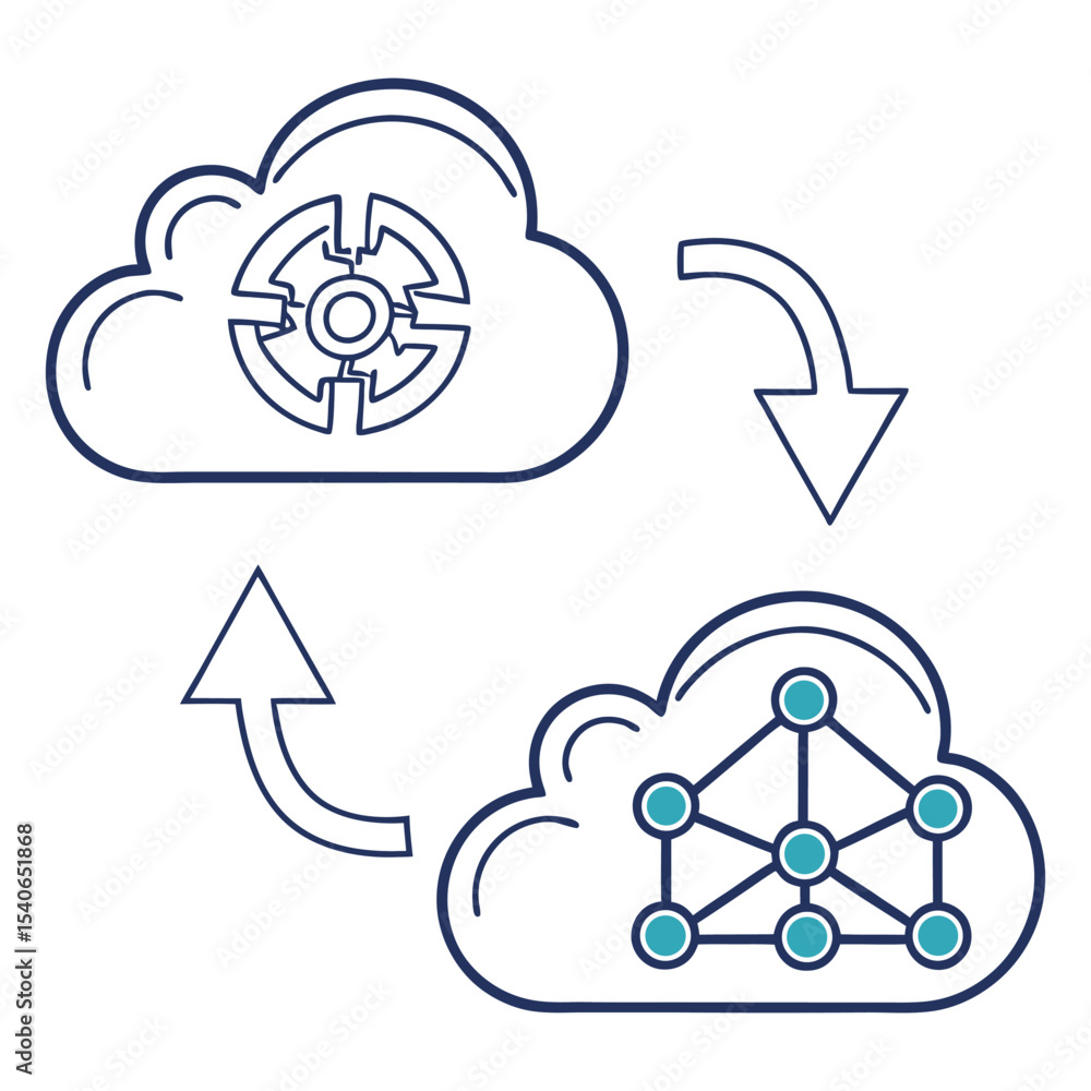 Poster data migration cloud computing process blue teal arrows network gear icon data transfer