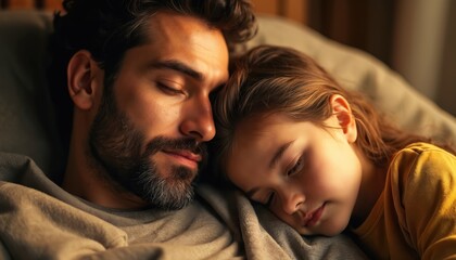 Tender portrait shows father, daughter sleeping peacefully close together. Face to face, rest. Warm moment of affection, bonding, love, care, trust, cuddling. Soft lighting, warm tones, cozy