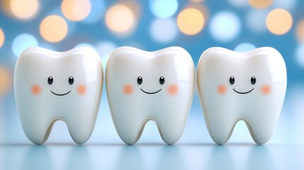 Fototapeta premium Three cute white healthy teeth on glowing blurred blue background