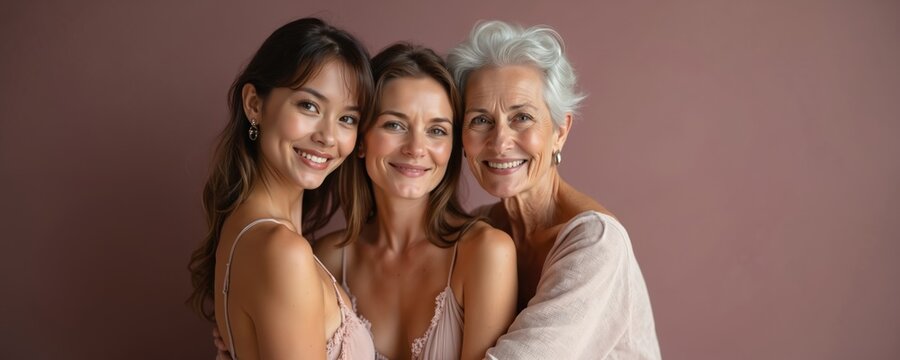Three generations of women, mother, daughter, grandmother, smiling in beauty shot. Portrait of happy family, ladies embrace. Diverse ages, family love, skin care, female beauty, healthy skin, care,