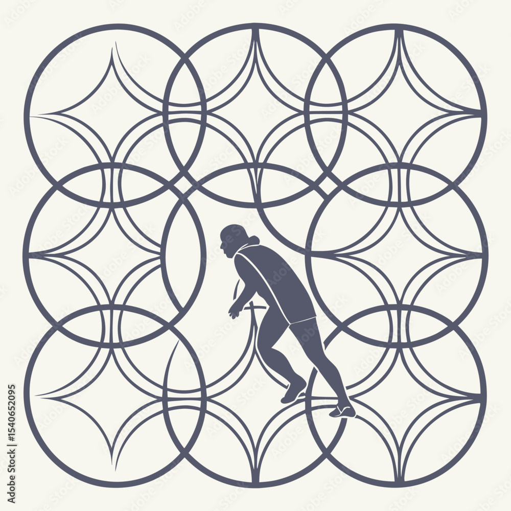 Aufkleber silhouette of cyclist riding through abstract geometric pattern of interlocking circles and star