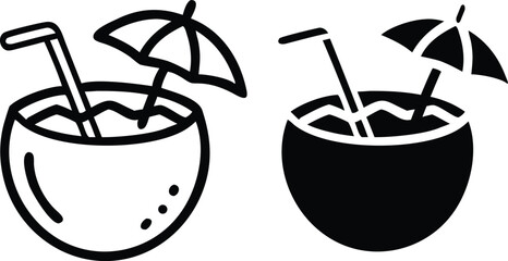 Minimalist Coconut Drink Icon with Straw and Umbrella – Tropical Line Art Vector