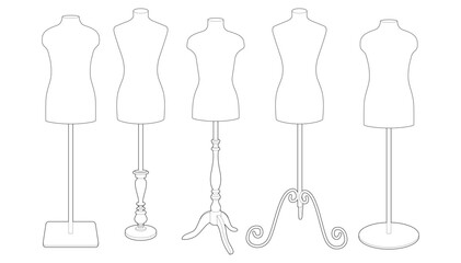 Vector illustration of five different dressmaker mannequins on various stands. Line art style. Isolated on white background. Horizontal orientation. Ideal for fashion or tailoring design.