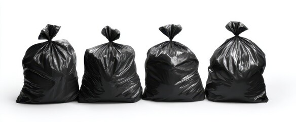 The arrangement of four black garbage bags on a clean white background.