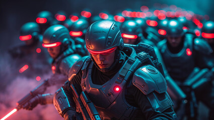 Futuristic soldiers with glowing red visors prepare for battle in an armored unit.