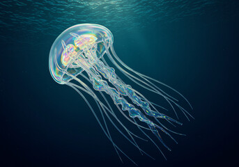 Ethereal glass jellyfish floating in deep ocean, translucent body with rainbow light refractions, delicate tentacles like spun glass, bioluminescent glow, underwater cathedral lighting