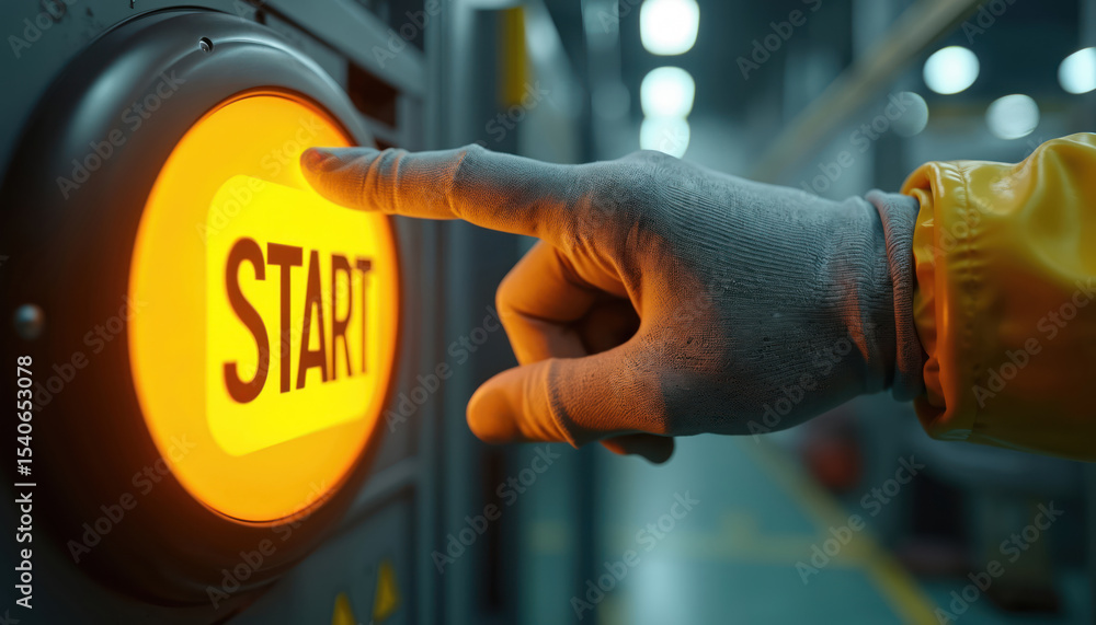 Poster worker hand presses illuminated start button in industrial factory setting. automation process, init