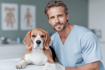 A beagle dog lying on a couch in a veterinary clinic next to a doctor