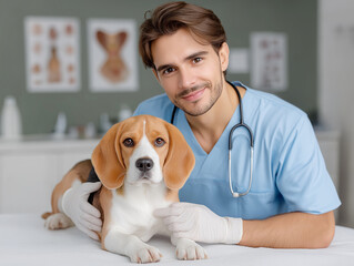 A beagle dog lying on a couch in a veterinary clinic next to a doctor