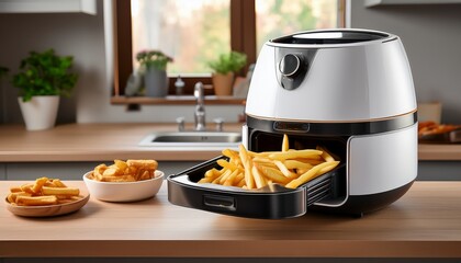 white air fryer sitting on kitchen counter with open drawer displaying crispy golden french fries representing contemporary home cooking convenience