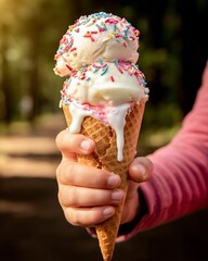 A vibrant, sunny photo showing a child's hands holding a large, dripping ice cream cone with multiple colorful scoops against a bright summer background.