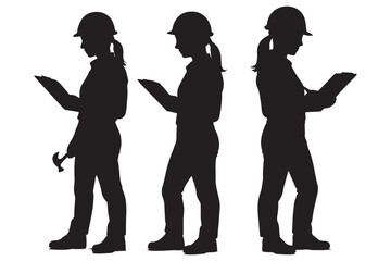 Silhouette of female construction workers with tools and clipboards, busy in their work, vector design