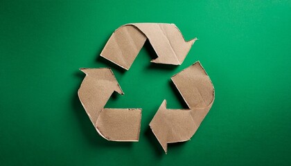 recycling symbol cut out of kraft paper on green background representing sustainability and eco friendliness