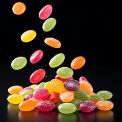 Colorful sugar coated candies falling on pile isolated on black background