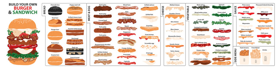 Set of isolated ingredients for build your own burger and sandwich. Cute hand drawn elements in minimal plain colors style on a transparent background.