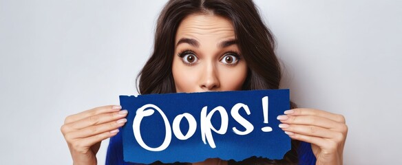 The surprised woman holding an 'Oops!' sign against a blue backdrop.