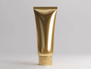 A luxurious gold cosmetic tube with a shiny, reflective surface and a flip-top cap. Set against a soft background, it exudes elegance and is likely used for premium creams or skincare products.