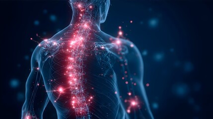 Human body with glowing red pain points on neural pathways illustrating pain or nerve stimulation, set against a dark blue background	