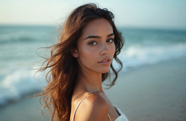 Beautiful brunette woman with long wavy hair stands on beach. Natural makeup portrait. Young female enjoys vacation. Attractive lady posing near ocean waves. Beauty, fashion, travel concept.
