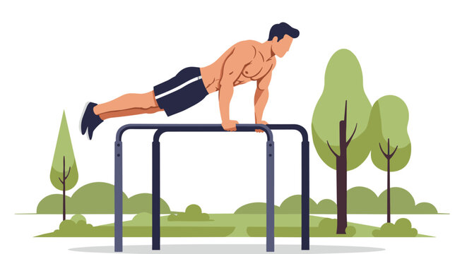 Flat vector of a male athlete performing calisthenics on parallel bars