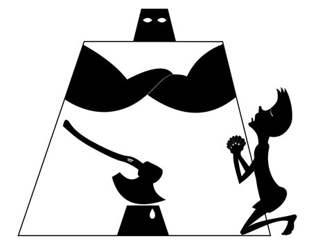 Executioner in a mask, axe, crying person.
Hangman with axe and crying man on the knees prays for mercy. Black and white illustration
