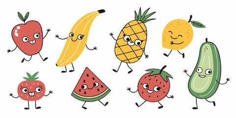 Cute cartoon vector fruit and vegetable set with nature icons