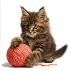 Obraz premium A fluffy kitten plays with a ball of orange yarn on white background
