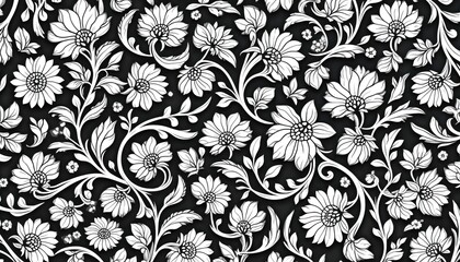 Obraz premium Abstract black and white floral swirl pattern design. Seamless repeat elegant stylish vintage retro classic modern contemporary textile wallpaper fabric print, decorative motif.
