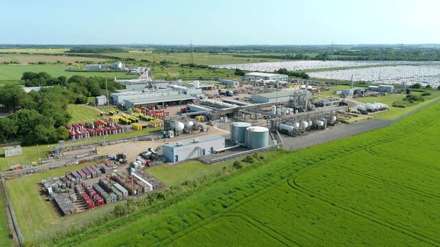 Aerial drone shot of BOC gas production facility with gas cylinders and piping industrial manufacturing energy generation Immingham UK