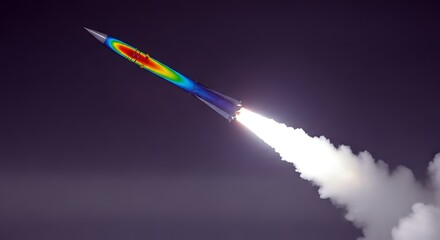 Hypersonic ballistic missile launch with a CFD thermal analysis overlay showing aerodynamic heat distribution. A 3D render for aerospace engineering and military defense technology.