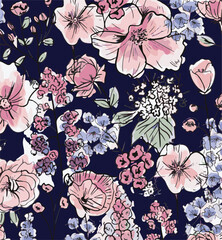 Big flowers pattern, upscale floral pattern. graphical textures floral, trendy colors pattern , flowers background with leaves. vector illustration.