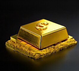 Image of single gold bar with black background on the top another gold with currency icon on it