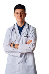 Young Doctor Wearing a White Coat Smiling Confidently for a Portrait