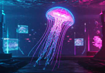 Cyberpunk jellyfish with LED circuits running through tentacles, neon pink and electric blue glow, floating in digital space, holographic texture, futuristic underwater cityscape background