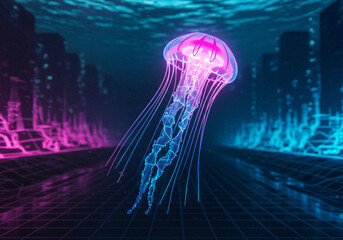 Cyberpunk jellyfish with LED circuits running through tentacles, neon pink and electric blue glow, floating in digital space, holographic texture, futuristic underwater cityscape background
